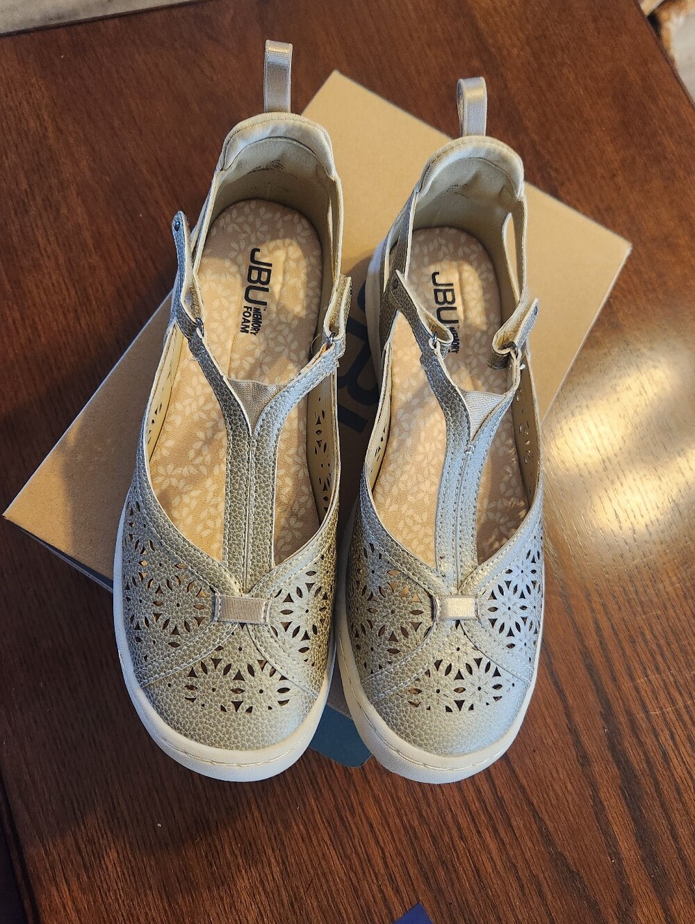 JBU Daffodil Cream Shimmer Laser-Cut T-Strap Casual Shoe 9
